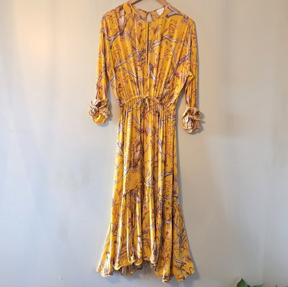 H&M Johanna Ortiz Women's Yellow Floral Boho Frill Long Midi Crepe Dress Size XS - Picture 8 of 16